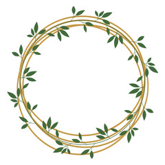 Leafy Vine Wreath Clipart &ndash; Circular Gold-Brown Frame with Green Leaves in Symmetrical Design