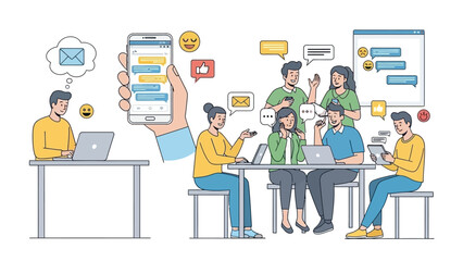 People communicating and collaborating digitally with laptops and smartphones