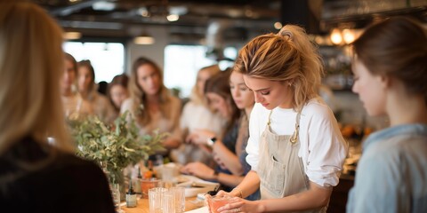 People participate in a cooking class at a busy kitchen in the city
