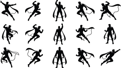 Black superhero silhouettes collection with capes in various action poses, flying, running and standing isolated on white background vector icons. © Kamrul