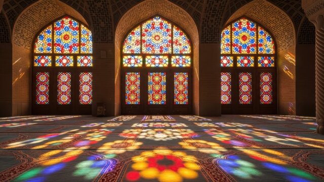 Intricate stained glass windows illuminate a beautiful mosque interior with colorful patterns