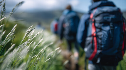 Macro shot of backpacks and hiking gear of teenagers moving along sunlit forest path, soft-focus leaves and tall grass in foreground, youth outdoor exploration and summer camp conc
