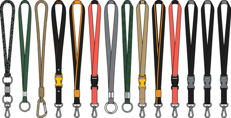 Colorful lanyard collection with neck straps, ID, badge holders, keychains and cords isolated on white background, vector design accessory set.