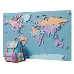 A blue backpack stands in front of a colorful 3D world map on a white background from a slightly angled viewpoint.