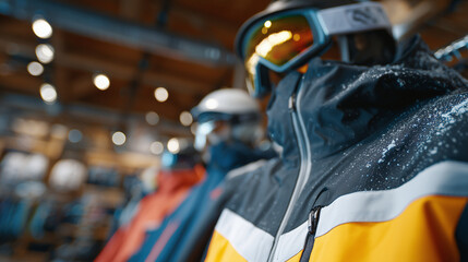 Obraz premium Macro-style close-up of hanging ski jackets with bright colors and textures visible, helmets and goggles in soft-focus background, indoor ski apparel shop scene