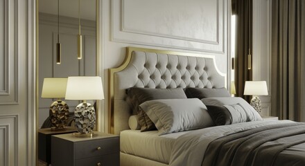 Luxurious Modern Classic Bedroom Interior with Tufted Headboard, Gold Accents, Elegant Bedding, and Warm Lighting, Creating a Sophisticated and Inviting Retreat