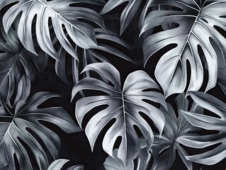 A moody black and white image of layered monstera leaves with metallic silver tones on a dark background