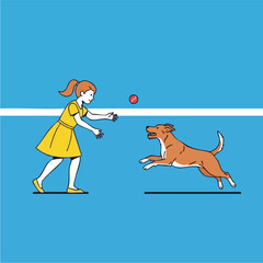 A girl throws a ball to her dog in a playful scene.