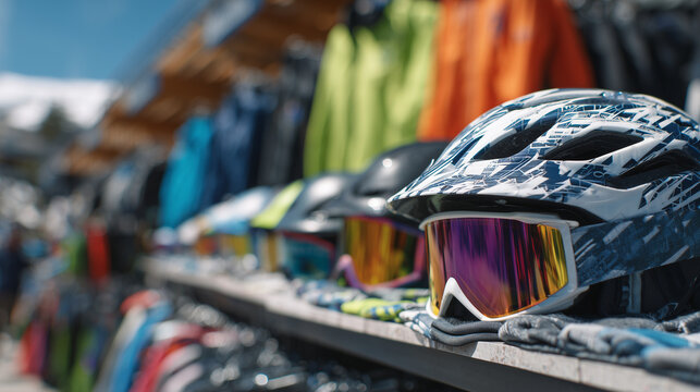 Detailed close-up of ski helmets and goggles arranged neatly on shelves, bright jackets in background, sunlit store interior, colorful and vibrant winter sports retail display