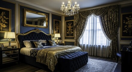 Elegant Master Bedroom Interior with Blue Velvet Accents, Gold Details, Ornate Furniture, and Gilded Decor