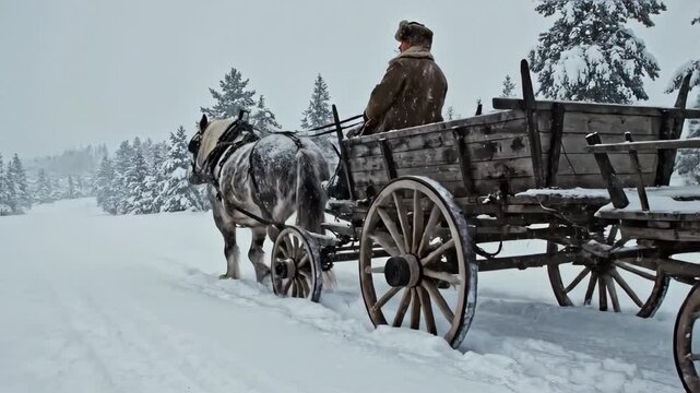 Horse drawn wagon moving through falling snow in a winter forest. Traditional wooden cart pulled by a horse with a driver in a fur coat. Rural transportation during a snowstorm