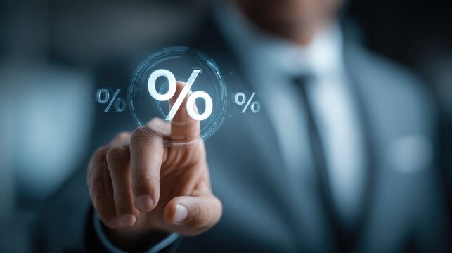 A business professional wears a suit and interacts with a digital interface. The person points at a percentage symbol on a screen, likely for financial reporting or analysis in an office - Powered by Adobe