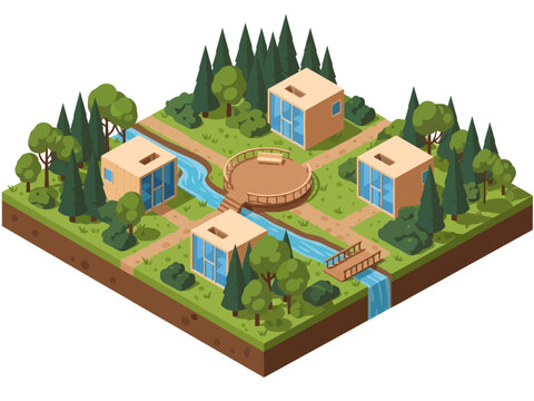 Four modern cabins encircle a central deck in this isometric forest scene, where a gentle river cuts through the terrain, flowing under a bridge before cascading down a small waterfall