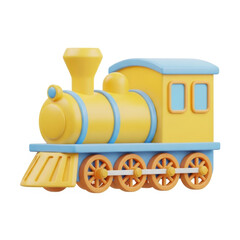A yellow toy train with blue accents on a white background viewed from the side