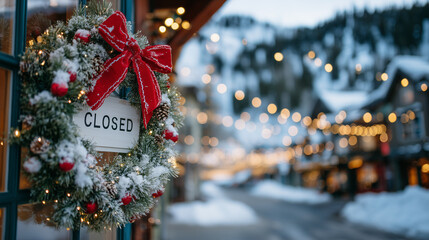 Close-up of festive wreath with red ribbon and pine dusted with snow, shop sign showing seasonal closure, warm bokeh lights and small-town street blurred behind, cozy holiday winte
