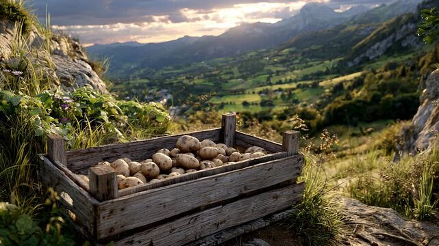 Potatoes in wooden crate on mountain slope