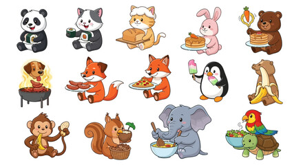 Adorable Cartoon Animals Enjoying Various Foods: Panda with Sushi, Cat with Sushi, Cat with Bread, Bunny with Pancakes, Bear with Pancakes, Dog with Sausages, F