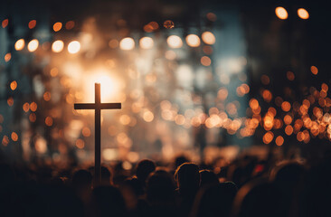 Blurred church cross worship easter bokeh crowd night service glow with blurred church cross