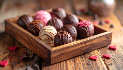 贅沢な手作りチョコトリュフ：木製トレーに並ぶ温かみのあるバレンタインギフト背景素材
