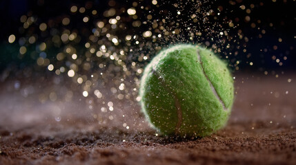 Close-up of green fuzzy tennis ball impacting air, golden dust shimmering around, motion blur showing speed, energy of intense tennis game visual