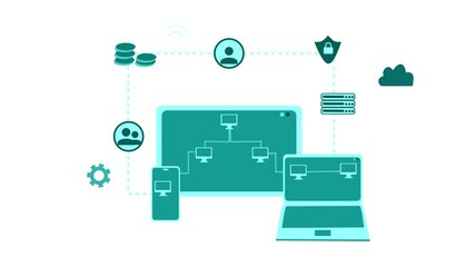 Animation of digital devices connected in a network with cloud and server icons - Powered by Adobe