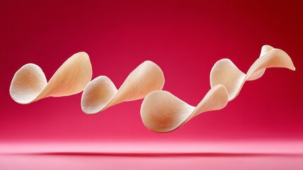 Falling, wave-shaped potato chips gracefully float above a bright red surface, creating a playful scene that captures the joy of snacking. Their unique shapes invite admiration