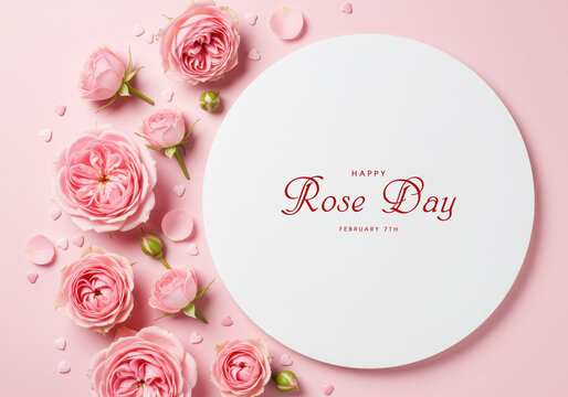 Pink Roses and Hearts Arranged Around a White Circle for Rose Day february 7th happy rose day
