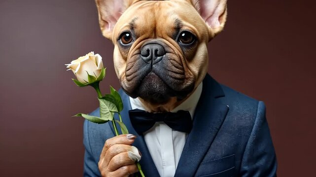 Dog in suit holds rose against brown background
