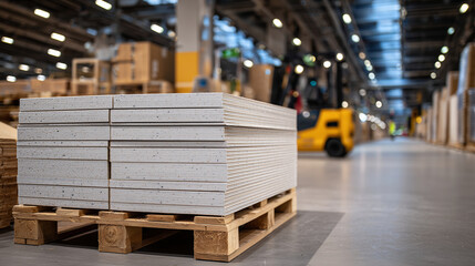 Detailed close-up of neatly stacked plasterboards on pallet, light highlighting smooth surfaces, warehouse storage environment, building materials for renovation and home improveme
