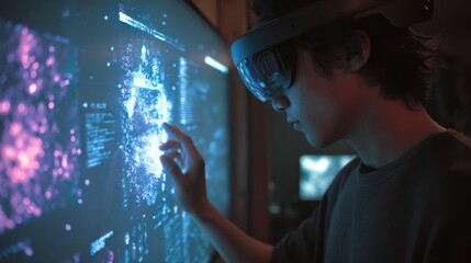 Closeup of a user interacting with holographic web elements inside a VR setting showcasing experiential digital browsing and cuttingedge technology.