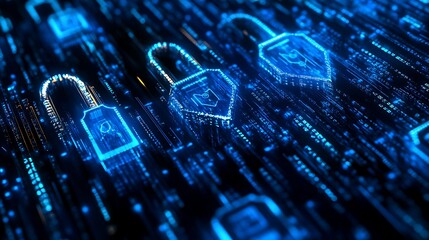 Digital security illuminated padlocks on circuit board data protection concept
