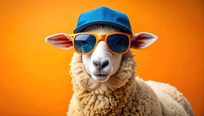 Cool Sheep in Sunglasses and Hat Against Orange Background