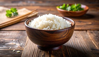 Cooked White Rice in Dark Wooden Bowl on Rustic Table
