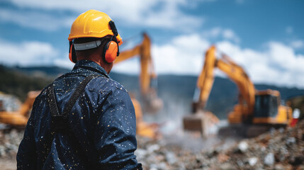 Detailed close-up of man on construction site, yellow hard hat and orange ear protection, excavators and machinery in background, dust and debris in air, safety-focused industrial