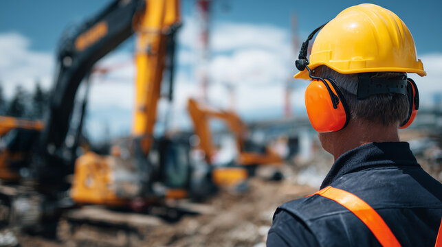 Detailed close-up of man on construction site, yellow hard hat and orange ear protection, excavators and machinery in background, dust and debris in air, safety-focused industrial - Powered by Adobe
