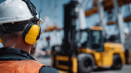 Macro-style close-up of worker&acirc;s head with hard hat and ear defenders, blurred heavy machinery moving in background, sunlight casting shadows, industrial safety concept visual