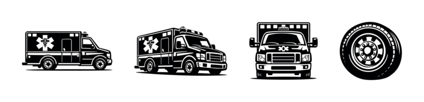 Emergency ambulance vehicles, ems, paramedic rescue, flat vector illustration