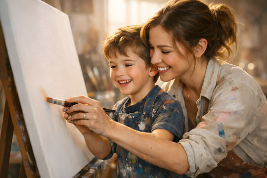 Brushstrokes of Joy: A mother and child share a tender moment as they embark on an artistic journey together, creating a beautiful piece of art filled with love, creativity and happiness.