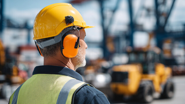 Close-up of man wearing yellow hard hat, orange ear defenders, sunlight highlighting helmet, blurred heavy machinery and construction activity in background, protective gear for no