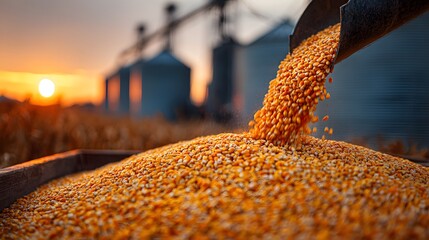 Yellow corn grain pours from a chute into a large pile in an industrial agricultural setting with grain silos and warm golden hour sunlight.