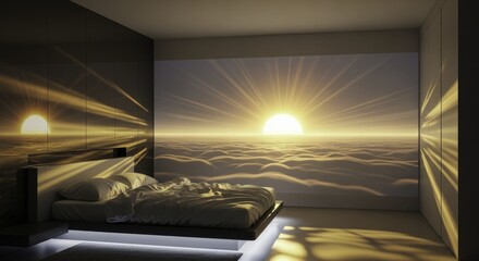 Modern Minimalist Bedroom with Panoramic Sunrise Cloudscape Projection and Ambient Underlit Floating Bed