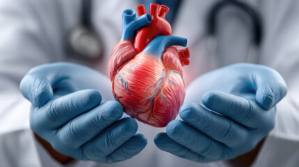 Doctor's gloved hand presenting a detailed anatomical heart model, symbolizing organ donation, advanced cardiology, cardiovascular care, and the hope for life