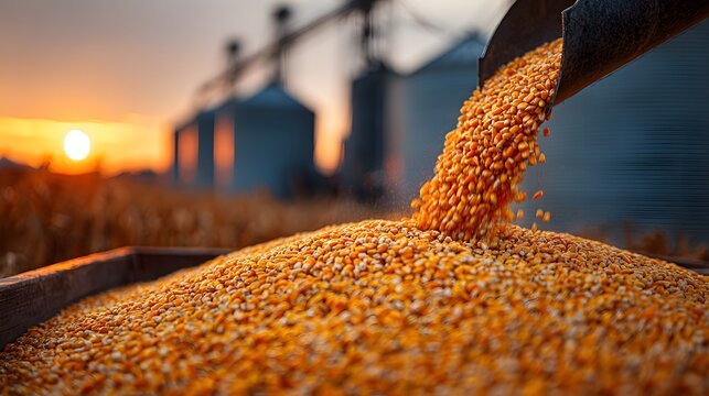 Yellow corn grain pours from a chute into a large pile in an industrial agricultural setting with grain silos and warm golden hour sunlight.