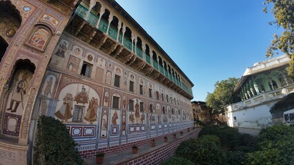 Detailed View of Medieval Period Haveli Interior Walls with Ornate Fresco Murals and Traditional Patterns, Nawalgarh Rajasthan, India