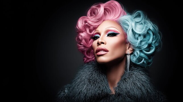 Glamorous drag queen with striking makeup and a two-tone wig, posing elegantly