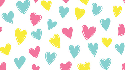 Colorful hearts scattered across a white background creating a playful pattern