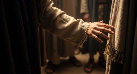 Biblical scene of a hand reaching to touch the hem of a garment. The woman with the issue of blood seeking healing from Jesus. Faith and miracle concept