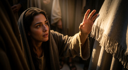 Biblical woman reaching to touch the hem of Jesus garment for healing. Faith and miracle concept in ancient crowd