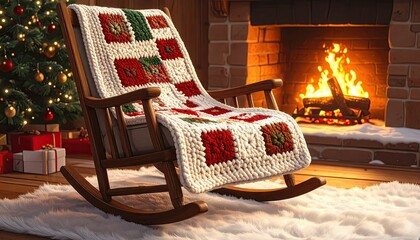 Cozy Christmas Rocking Chair by Fireplace