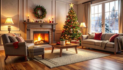 Cozy Christmas Living Room with Fireplace and Decorated Tree
